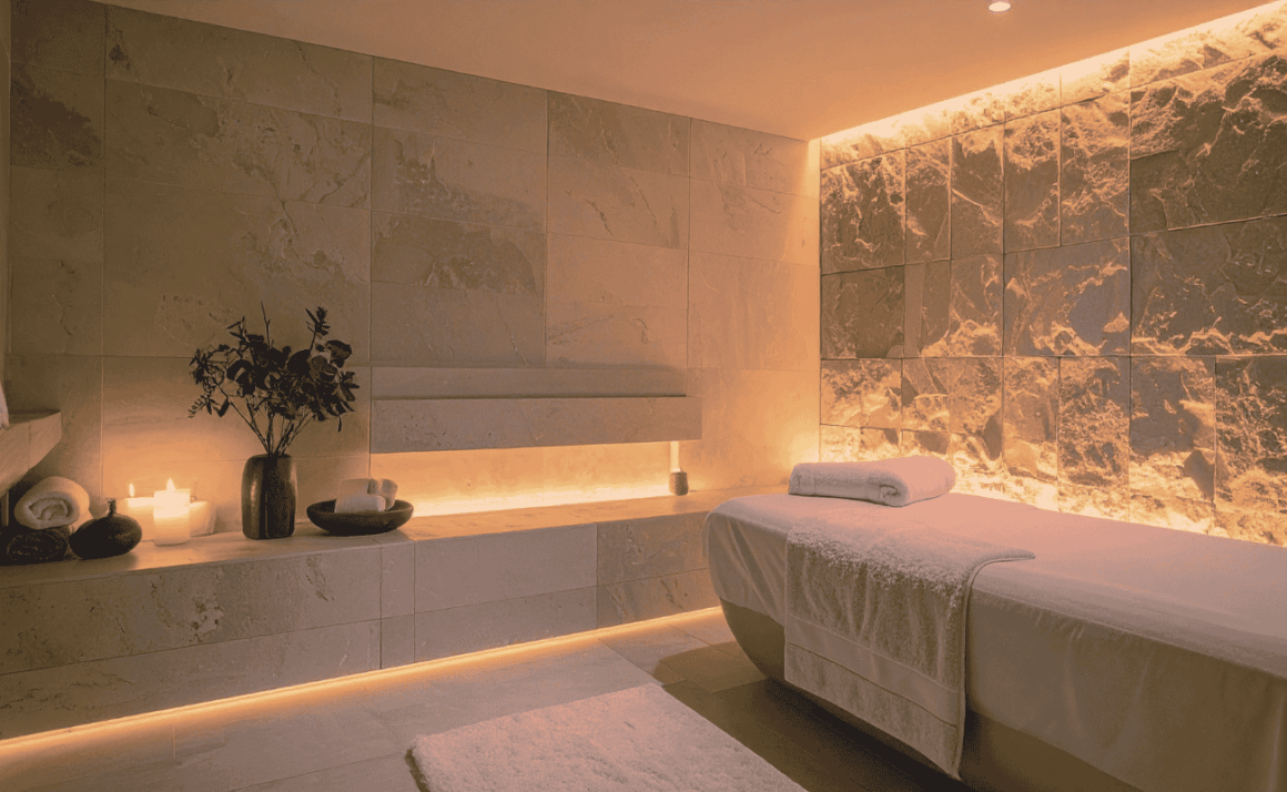 luxury spa room with stone and soft lighting.
