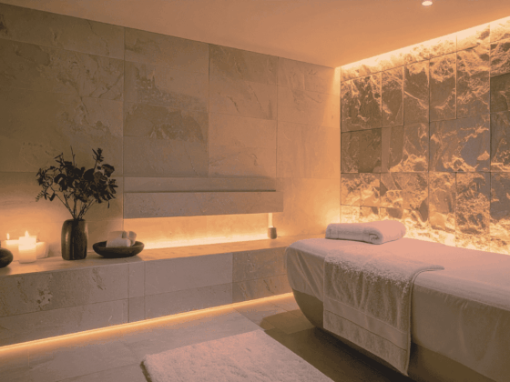 luxury spa room with stone and soft lighting.