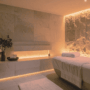 luxury spa room with stone and soft lighting.