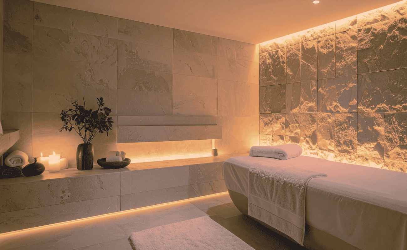 luxury spa room with stone and soft lighting.
